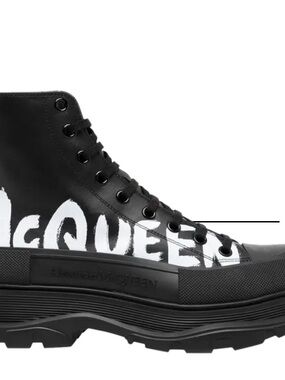 Alexander McQueen Black Leather High-Top Sneaker with White Logo Paint